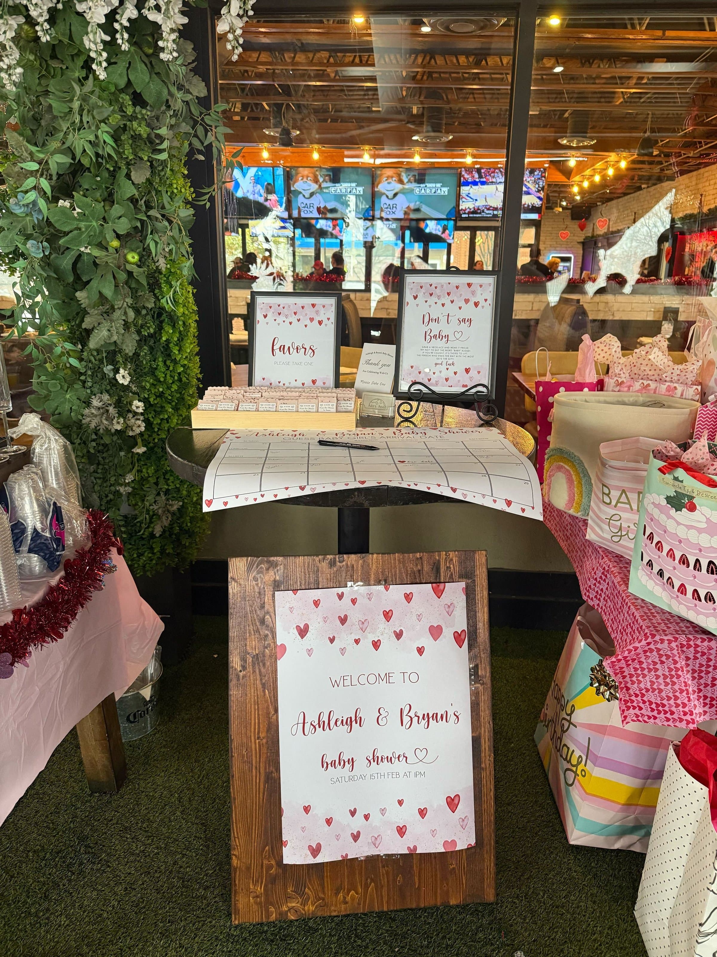 Baby shower welcome sign and gift table at a private event at Rockwood